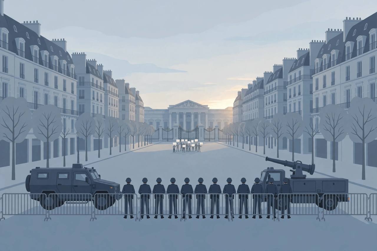 Editorial illustration of police officers and armoured security vehicles on a Paris boulevard ahead of weekend protests, with closed museum gates behind them