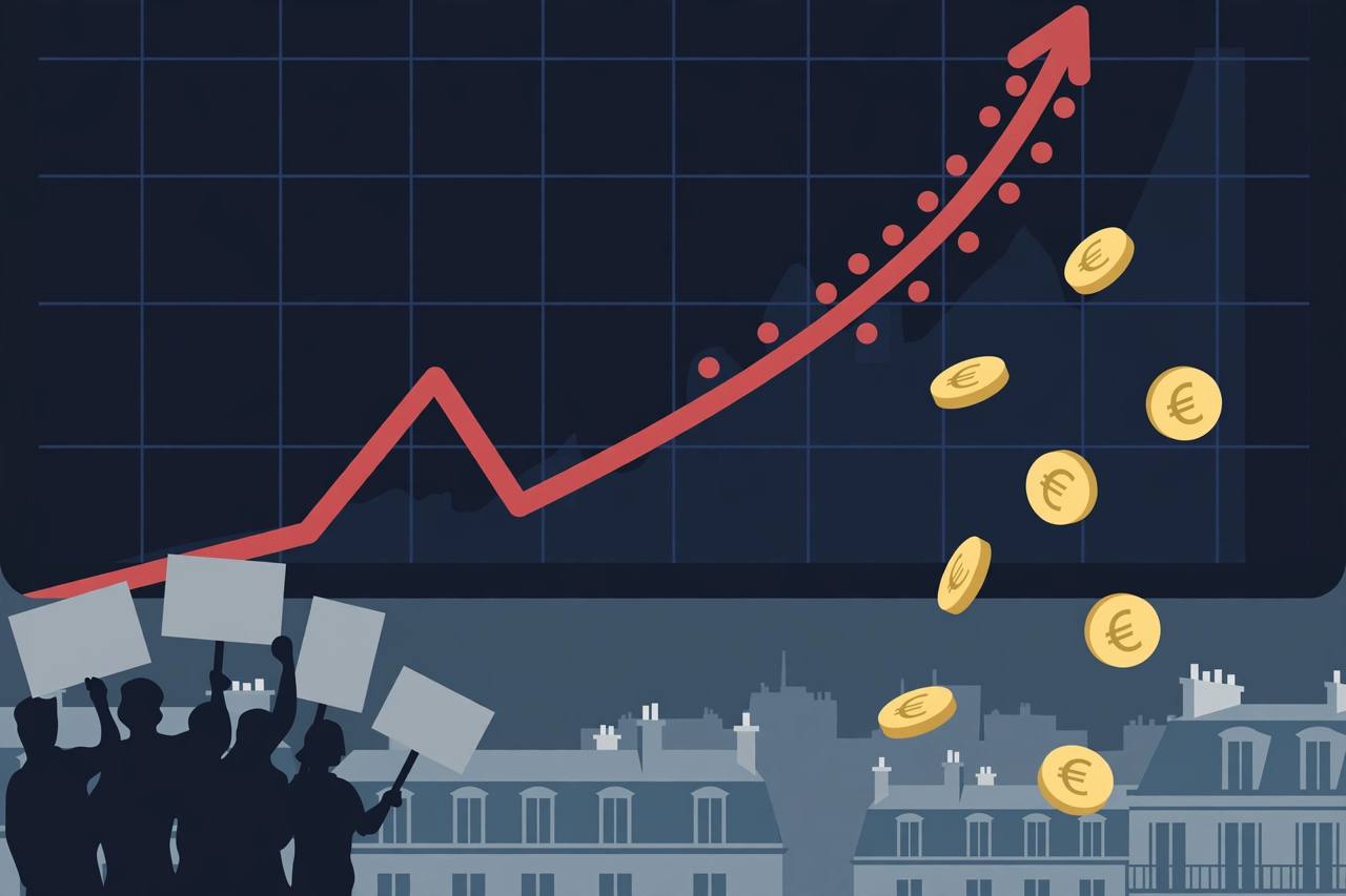 Editorial illustration of a steep red bond-yield curve climbing across a trading screen with euro coins and generic protesters