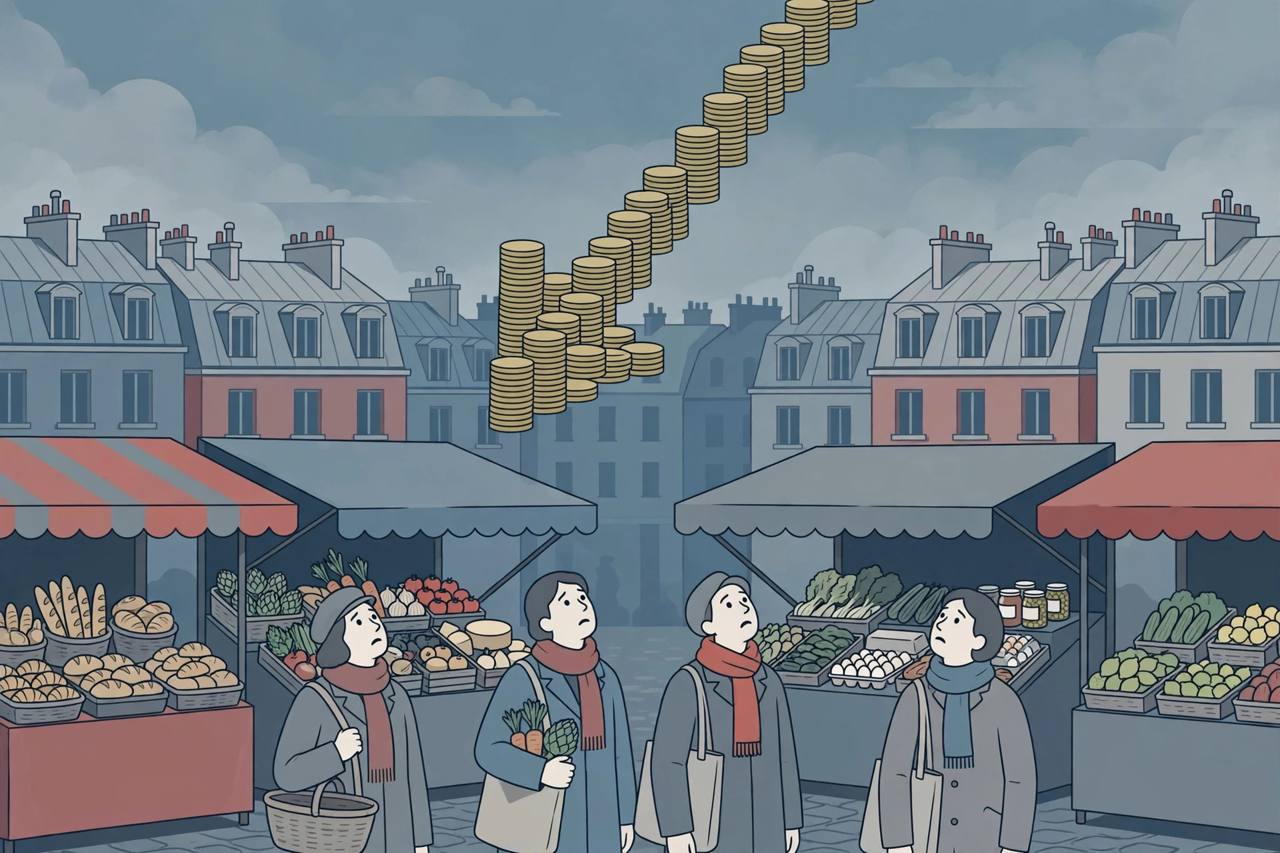 Flat editorial illustration of generic shoppers at a stylised Paris market with rising coin stacks, no real person depicted. (Editorial illustration)