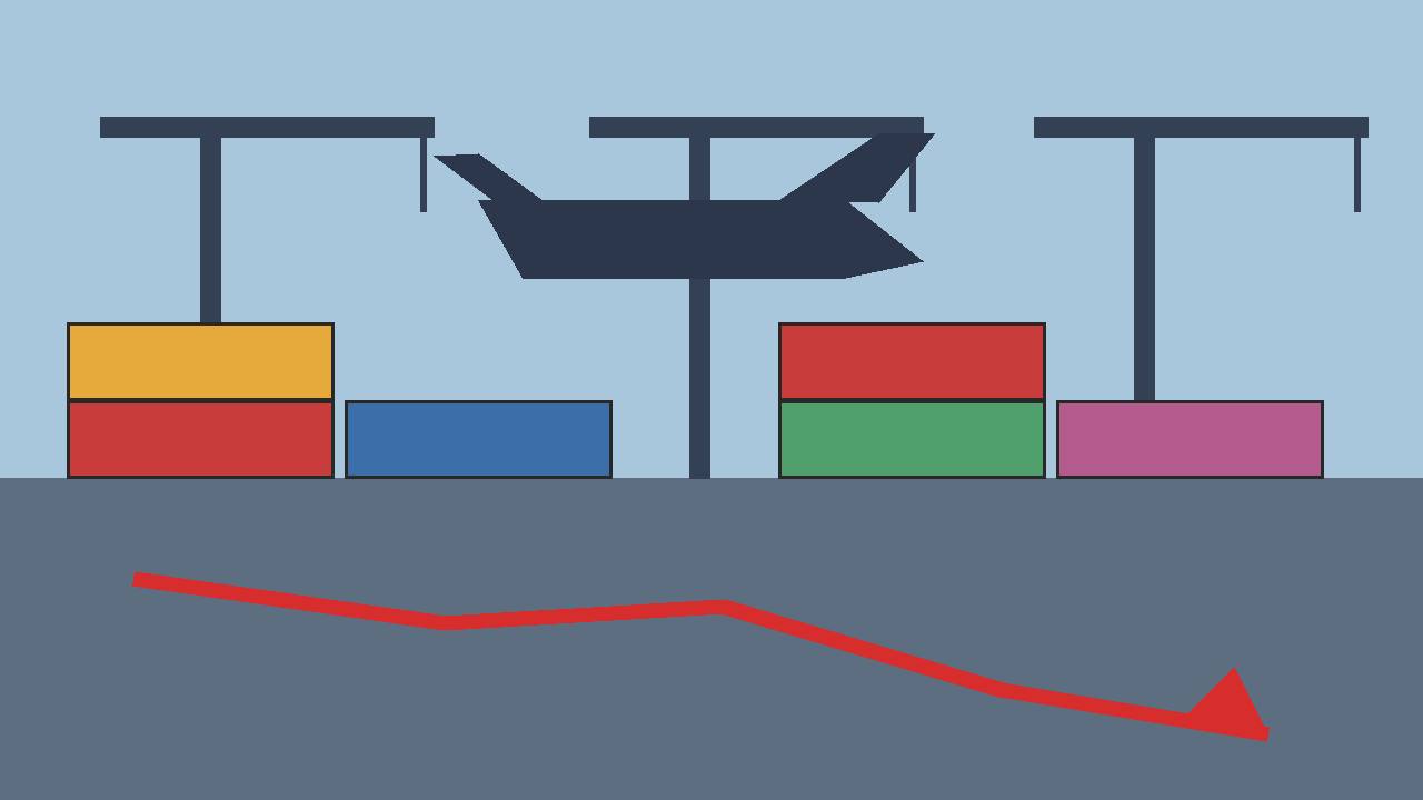 Editorial illustration of a container port and cargo plane with a falling trade line, for France's third-quarter economic contraction