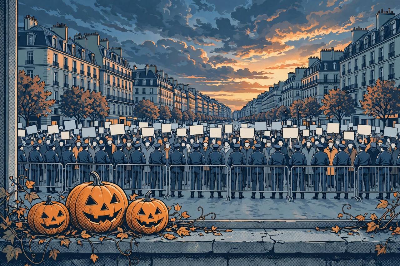 Editorial illustration of police standing behind barriers facing a crowd of protesters on a Paris avenue at dusk, with Halloween pumpkins in the foreground