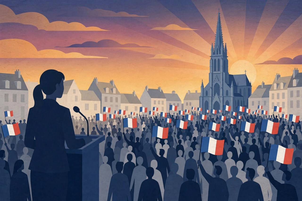 Rally crowd with French flags in Orleans, editorial illustration