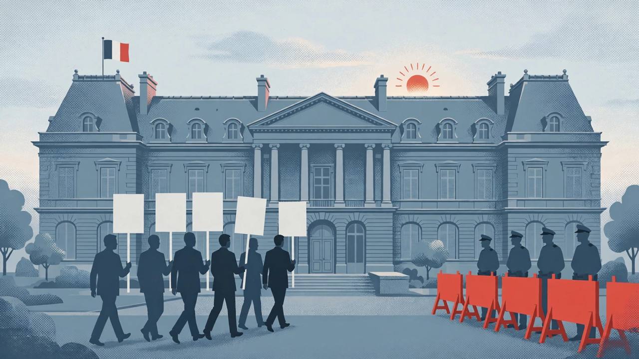 Editorial illustration of generic union representatives holding blank placards walking toward a French government building in Paris, with generic police silhouettes behind barriers, flat editorial style, no text, no real people
