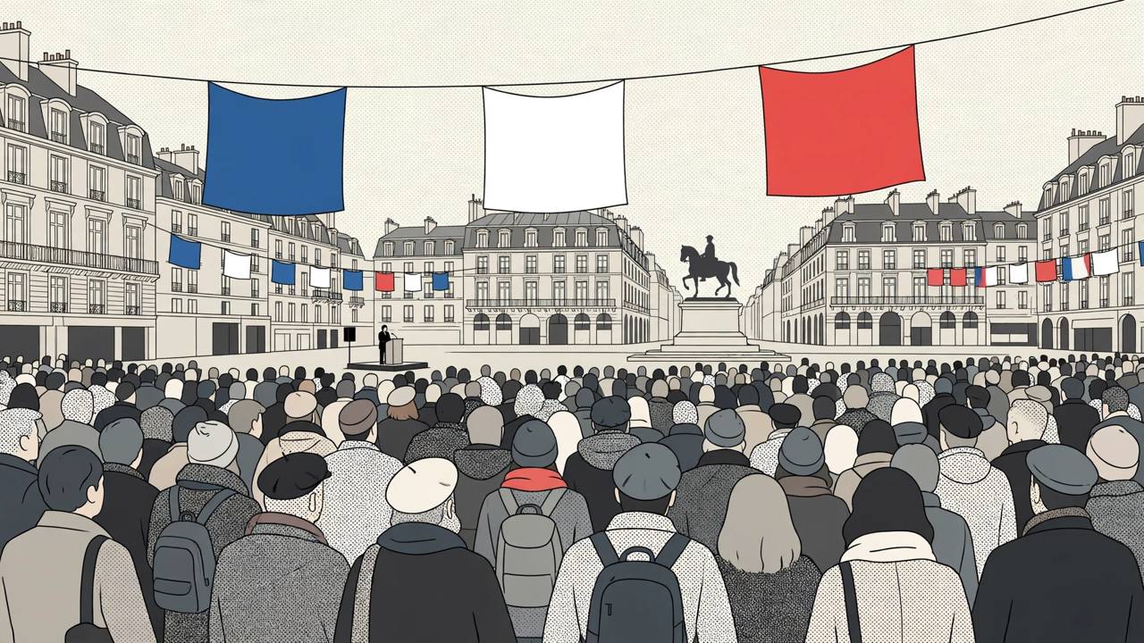 Editorial illustration of a generic political rally crowd seen from behind in a historic French square, an equestrian statue silhouette and plain blue-white-red banners with no words - flat style, no real person shown
