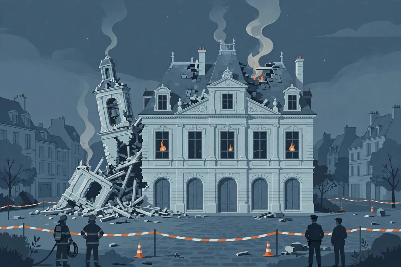 Editorial illustration of a historic French town hall at night with a damaged roof, a collapsed bell tower and thin smoke rising, with firefighters and a police cordon as generic silhouettes in the foreground, flat editorial style, no text, no real people