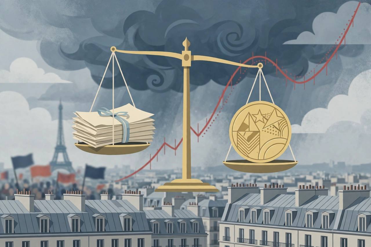 Editorial illustration of a balance scale over Paris rooftops holding bond papers and a credit-rating seal, with a rising bond-yield curve — flat style, no real person depicted