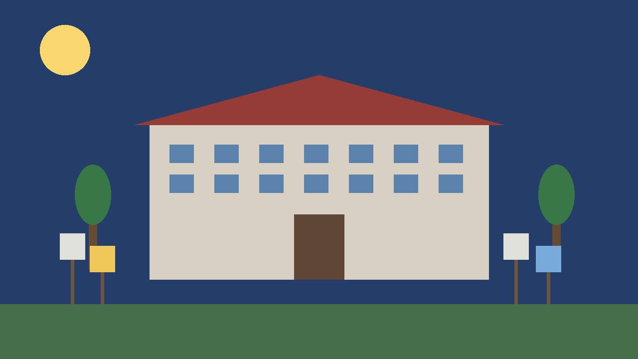 Editorial illustration of a generic university building with blank protest placards in the foreground, no people
