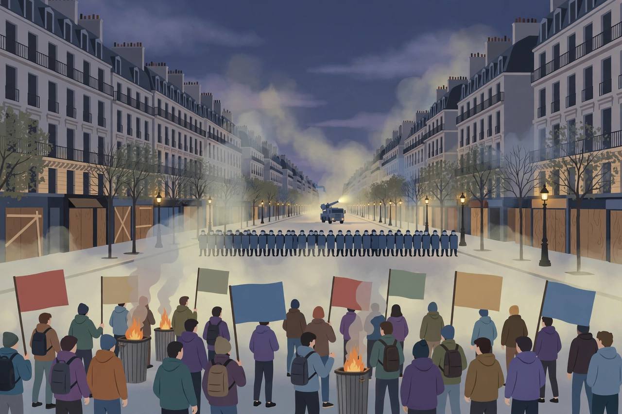 Editorial illustration of generic demonstrators and police with tear-gas haze at the end of a protest march on a south-eastern Paris boulevard — flat style, no real person depicted