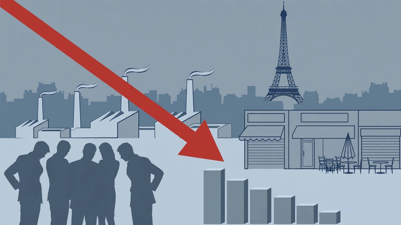 Editorial illustration of a Paris skyline with a downward red arrow over factories and closed storefronts — no real person depicted