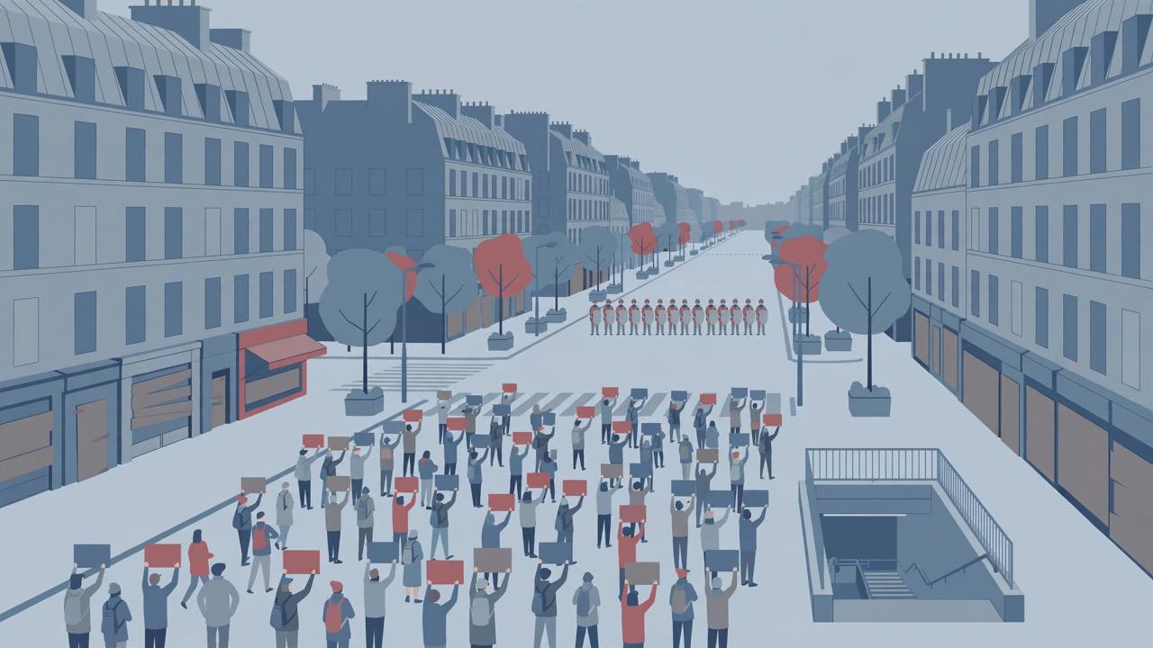 Editorial illustration of a generic protest crowd with blank placards on a Paris boulevard with boarded shopfronts and police in the distance — flat style, no real person depicted