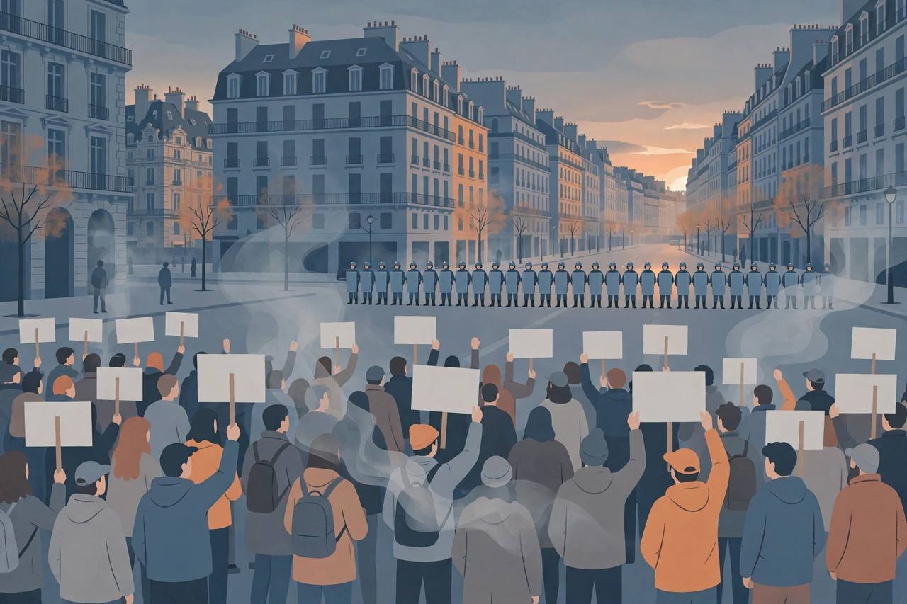 Editorial illustration of a protest crowd and police line on a Paris street