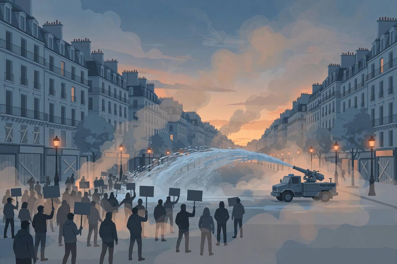 Editorial illustration of a Paris boulevard at dusk with generic silhouetted demonstrators, boarded-up shopfronts and a police water cannon