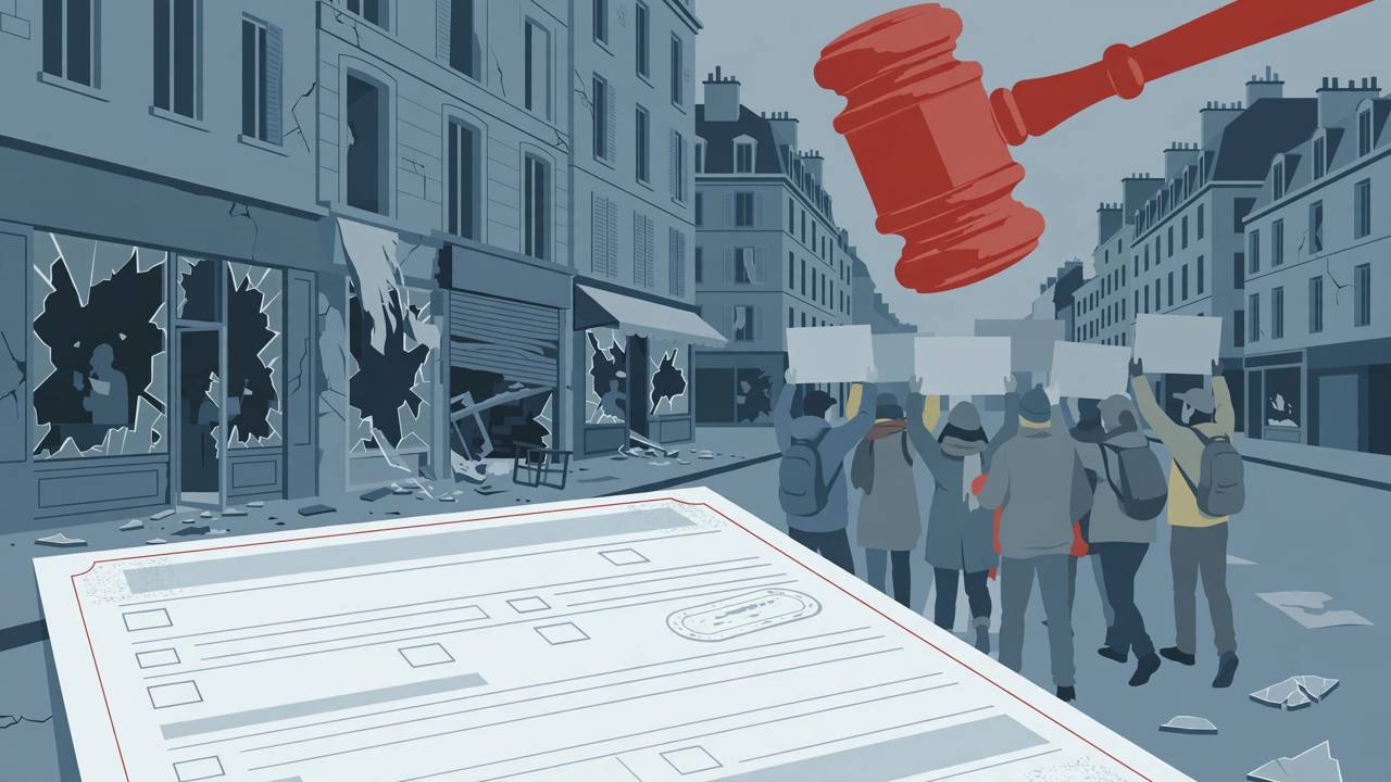 Editorial illustration of a Paris street with damaged shopfronts, generic protesters holding blank placards, a large gavel and a blank fine notice