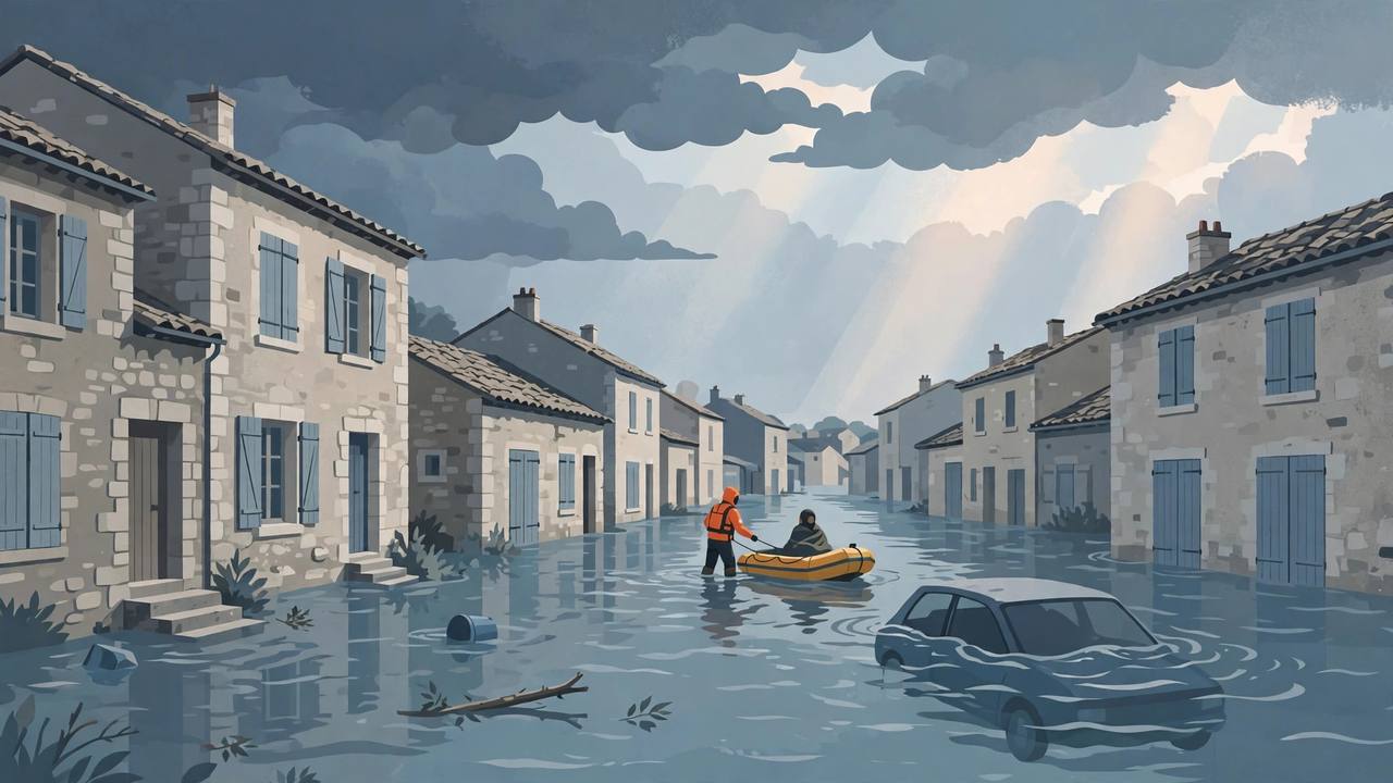 Editorial illustration of a flooded street in a small southern French town with stone houses, a rescue worker guiding an inflatable boat and a submerged car under storm clouds, flat style, no text, no real person depicted