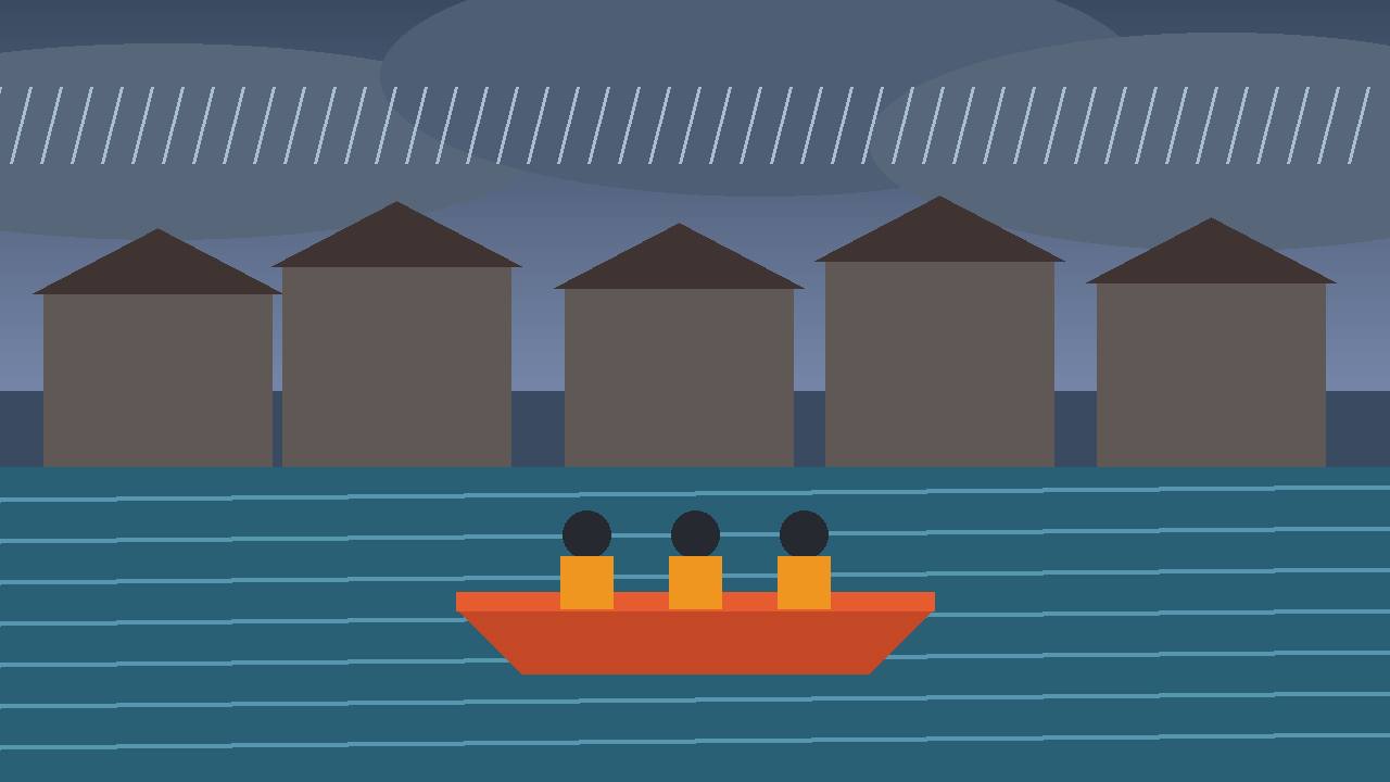 Editorial illustration of a flooded southern French town street under a storm sky, with rooftops above the water and a small rescue boat carrying generic figures in orange jackets — no real place or person depicted