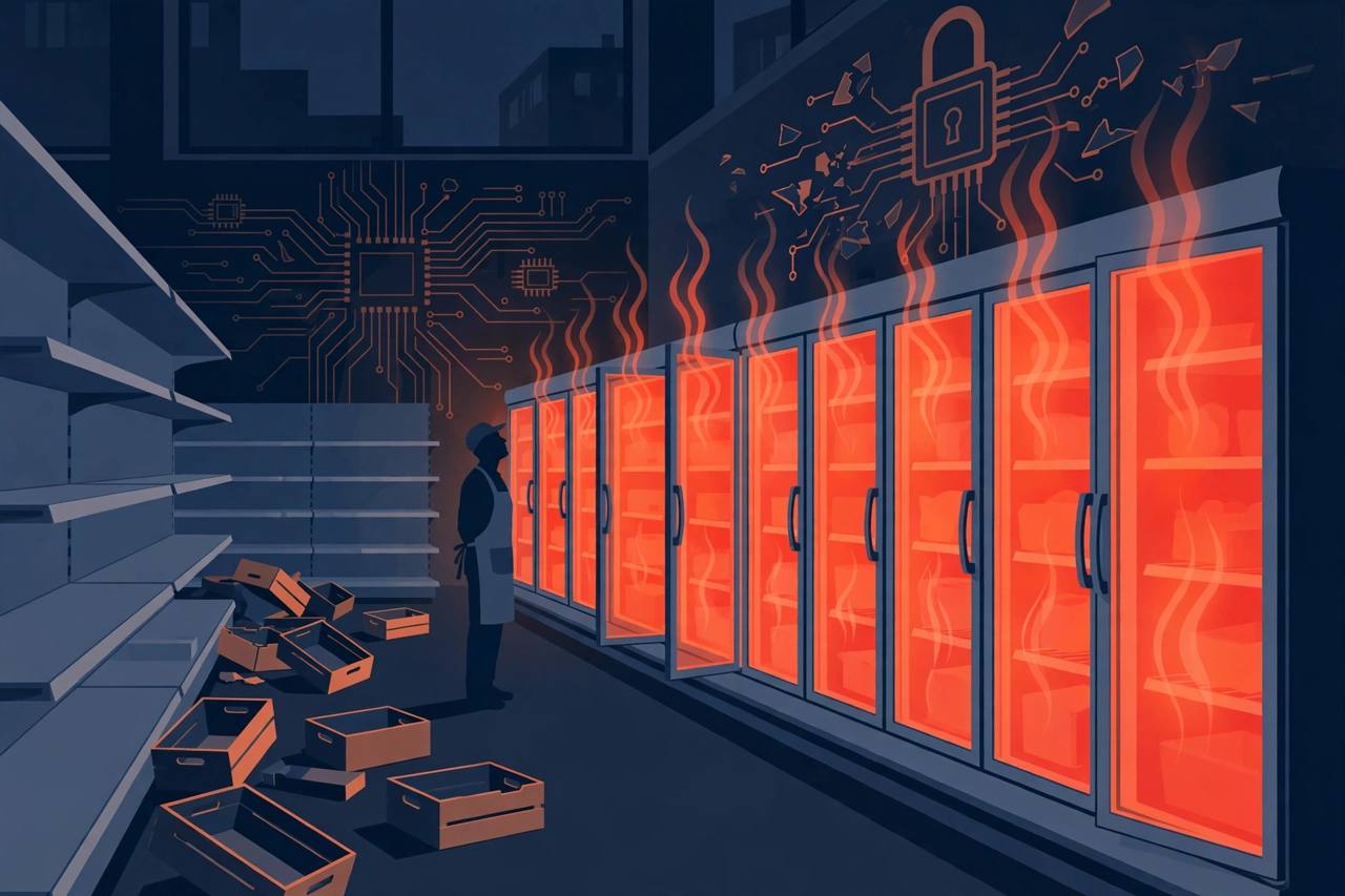 Supermarket fridges glowing hot orange at night as a silhouetted worker looks on, with a circuit-board and broken padlock motif (Editorial illustration)