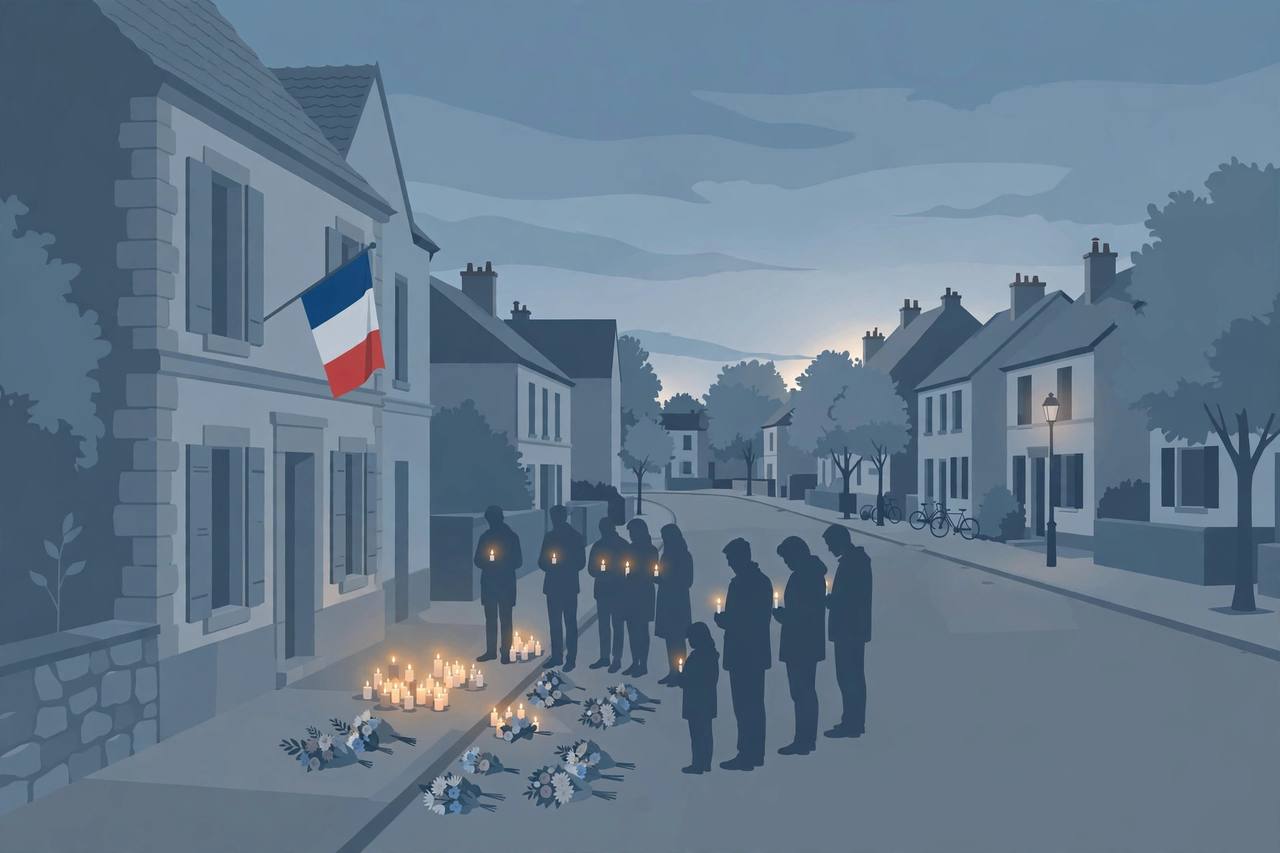 Editorial illustration: residents holding candles beside flowers on a quiet French suburban street at dusk, a French flag on a town building
