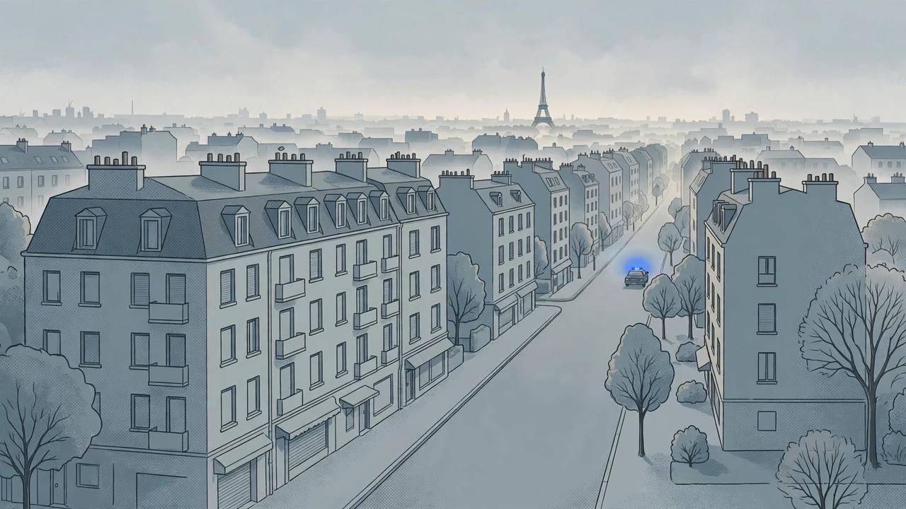 Editorial illustration of a quiet Paris suburb street at dawn with a distant police car — flat style, no people, no weapon and no incident depicted