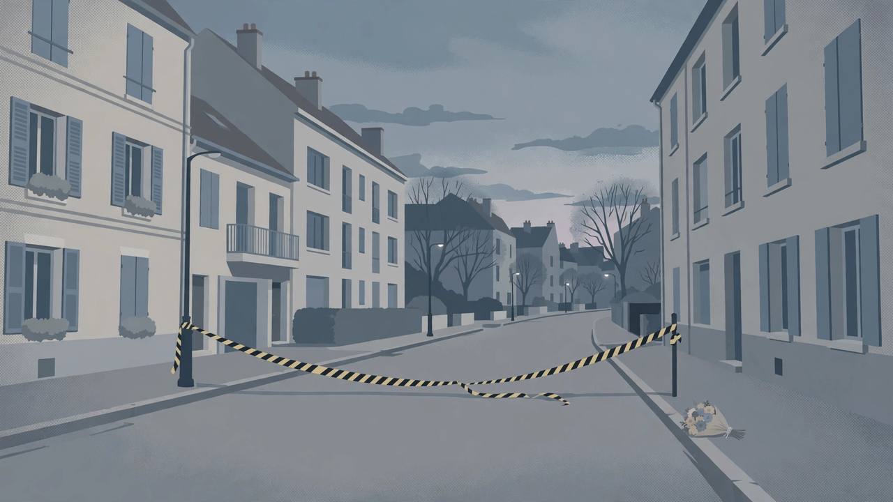 Editorial illustration of a quiet French suburban street at dusk with a police cordon and flowers on the pavement