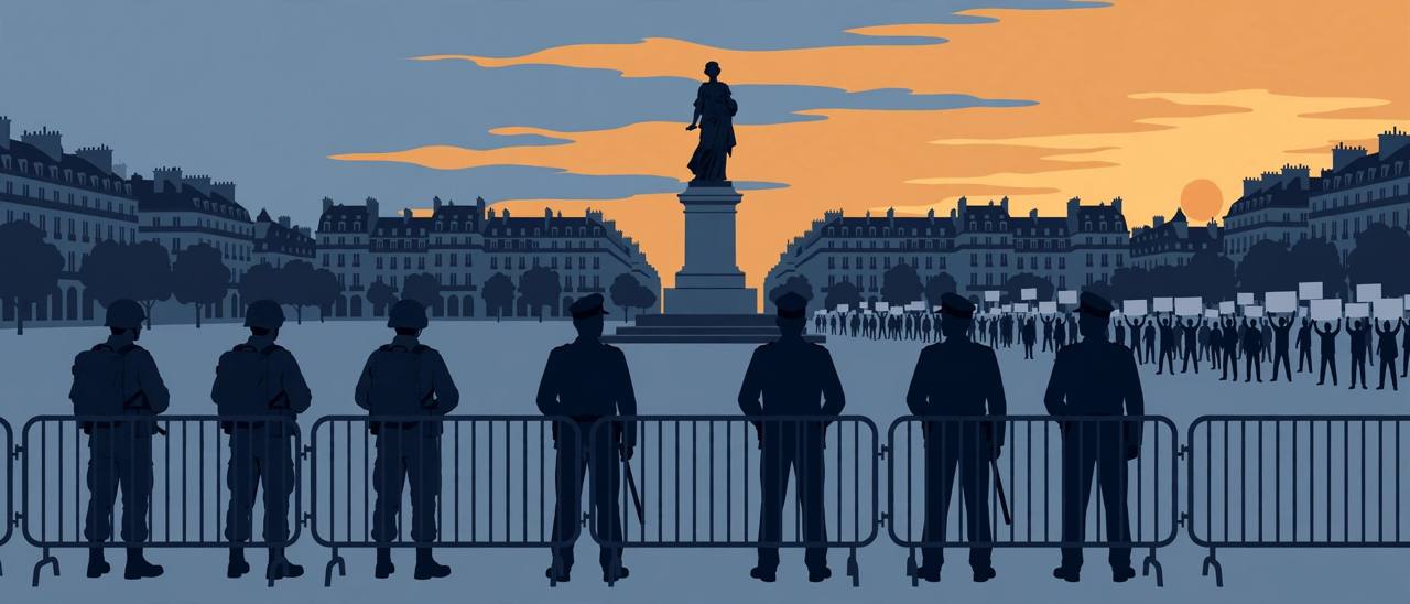Editorial illustration of generic French soldiers and police silhouettes standing behind barriers in a Paris square at dusk, a Marianne statue and a distant generic crowd with blank placards, no real person's likeness