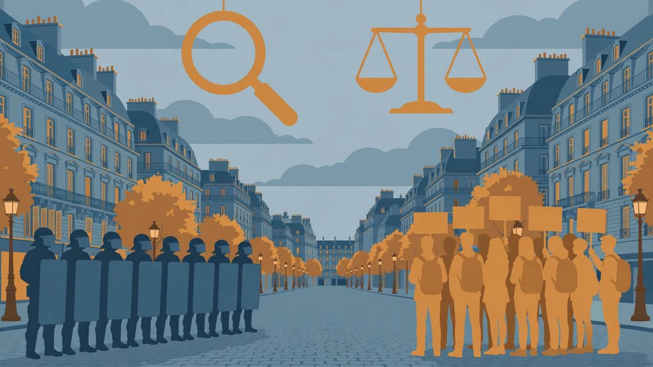 Flat editorial illustration of generic riot police with shields facing generic student protesters with blank placards on a Paris boulevard, under a magnifying glass and scales of justice, no real faces