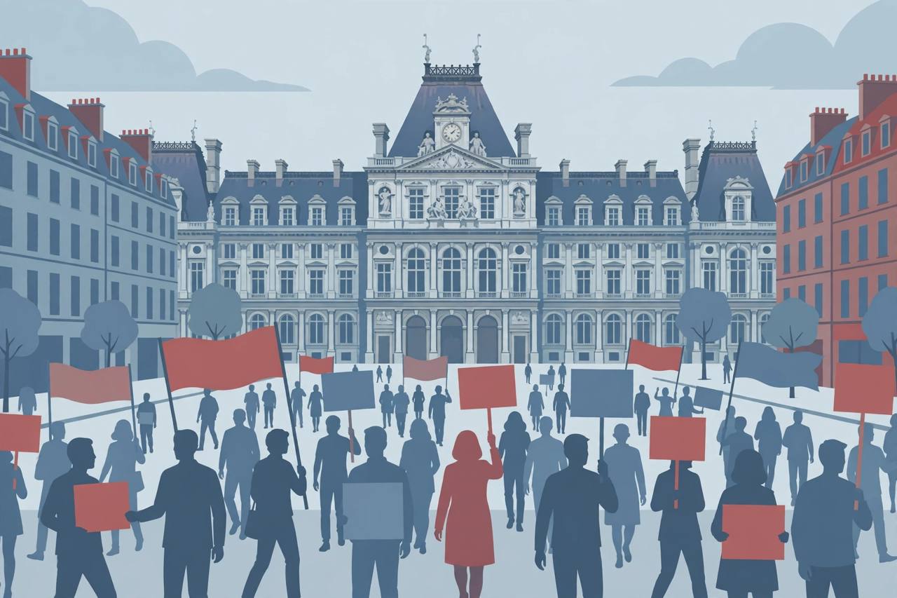 Editorial illustration of generic silhouetted marchers with blank placards on a wide Paris street, a town hall in the background — flat style, no real person depicted