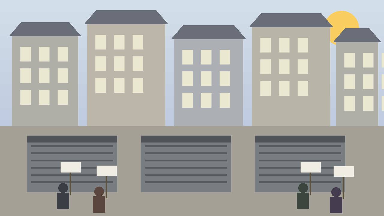 Editorial illustration of shuttered shops and a generic crowd with blank placards in a city street — no real place or person depicted