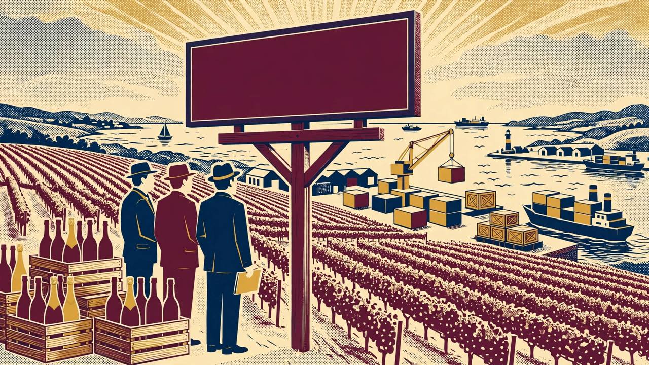 Editorial illustration of wine and champagne crates beside vineyards and a blank customs barrier at a port — flat style, no real person depicted