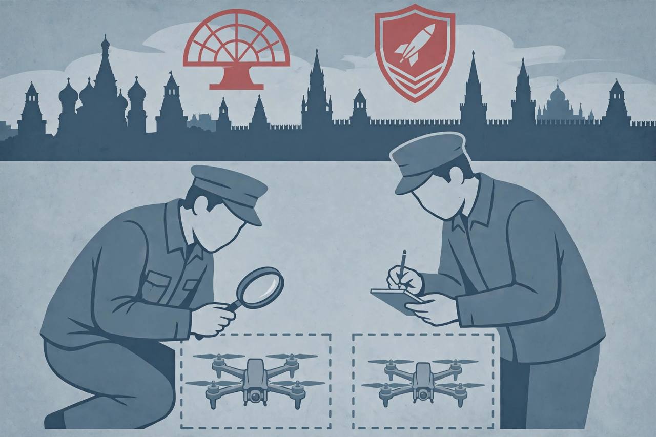 Editorial illustration of a generic air-defence radar dome over a stylised Moscow skyline, with generic investigators examining small first-person-view drones in the foreground