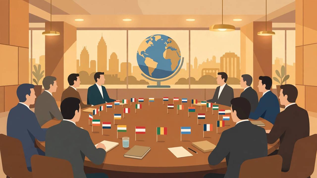 Editorial illustration of generic foreign ministers seated around an oval summit table with small flags and a stylised globe