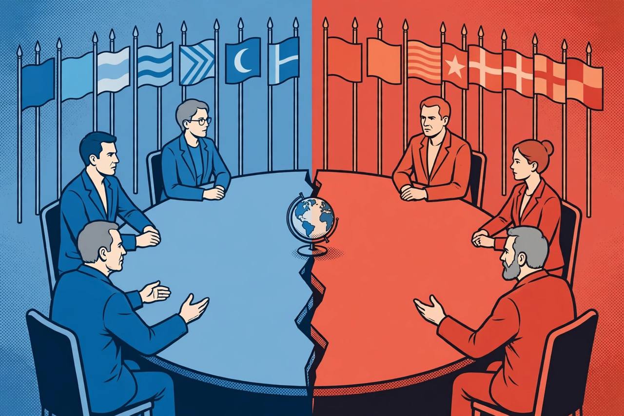 Editorial illustration of foreign ministers seated around a conference table split by a crack, with national flags behind them