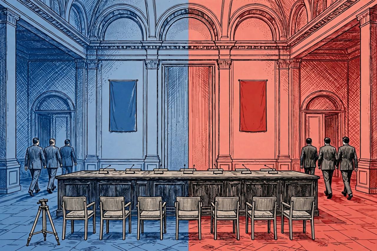 Editorial illustration of a divided diplomatic hall with empty chairs and an unused camera tripod in front of a long conference table, as suited figures walk away in opposite directions