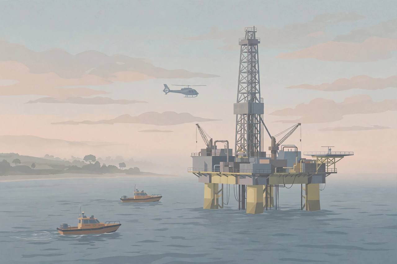 Editorial illustration of an offshore jack-up drilling rig at sea at dawn with generic search-and-rescue boats and a helicopter nearby