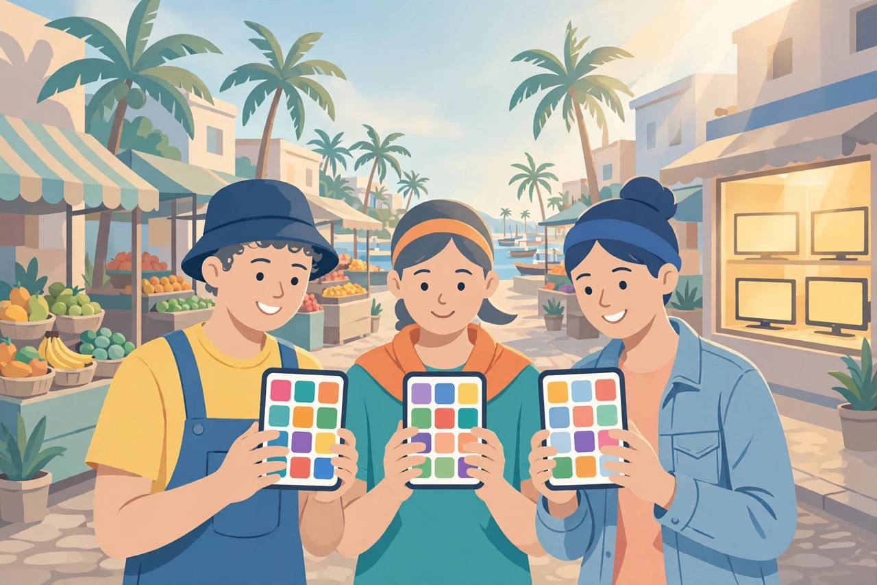 Editorial illustration of young people in a generic Central African coastal city street looking at smartphones with blank colourful app tiles, market stalls and palm trees behind them - flat style, no text, no real person depicted