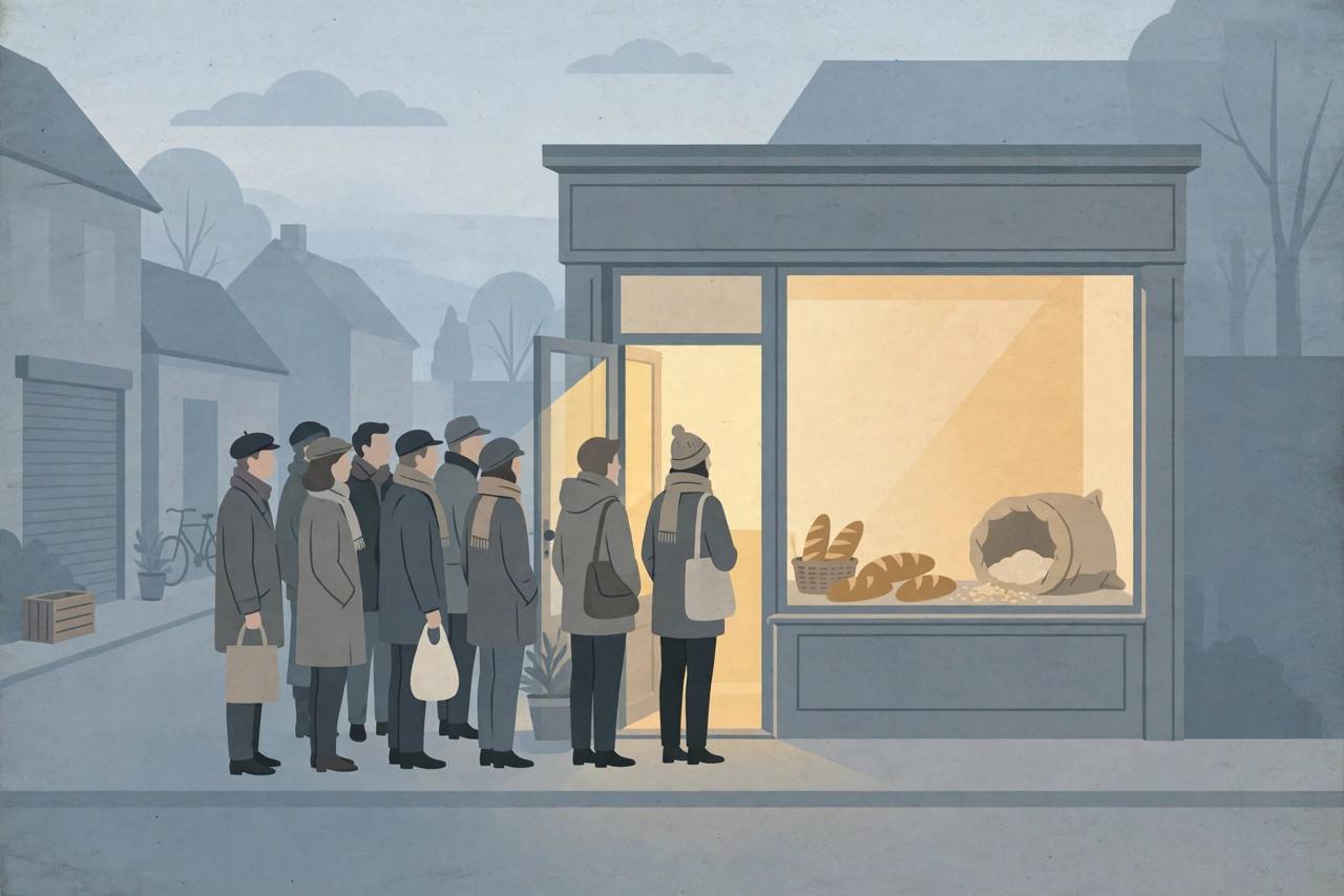 Editorial illustration of a queue of generic figures outside a small bakery at dawn, with a nearly empty flour sack and a few loaves in the window — no real place or person depicted