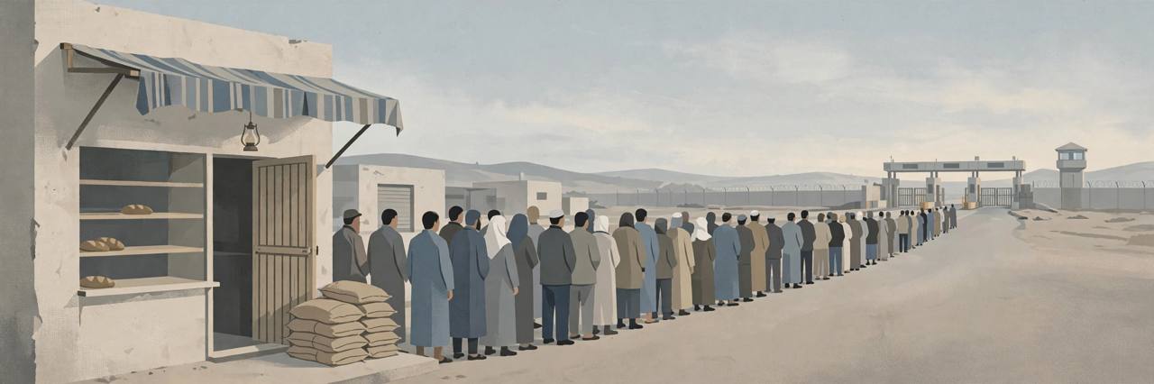 Editorial illustration of a Gaza bakery with empty bread shelves and flour sacks, and a long queue of generic people waiting outside at dawn