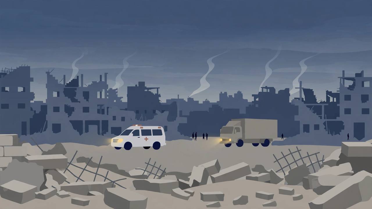 Editorial illustration of a somber Gaza skyline at dusk with damaged buildings, rubble, an ambulance and an aid truck, flat style, no real person depicted