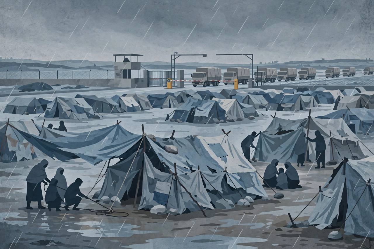 Editorial illustration of weather-worn tents in cold winter wind in Gaza, with aid trucks waiting at a closed border crossing in the distance