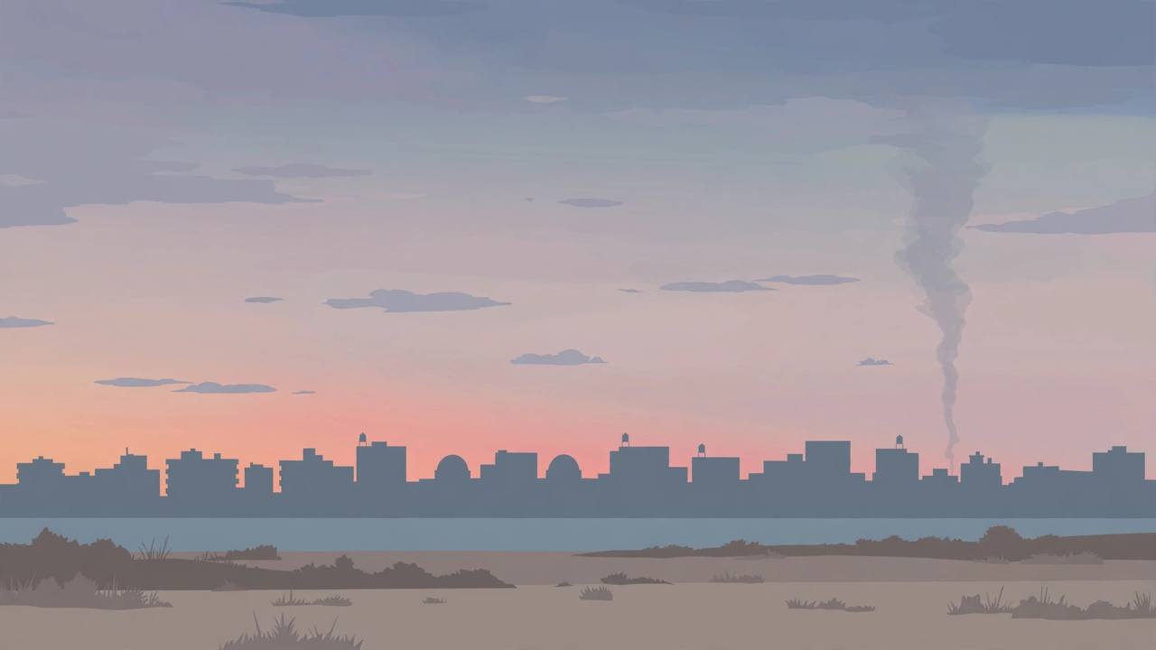 Editorial illustration of a southern Gaza skyline at dusk with smoke rising in the distance