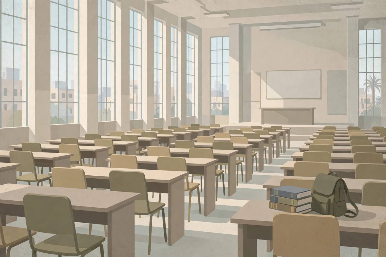 Editorial illustration of an empty university lecture hall with rows of desks, stacked textbooks and soft daylight through tall windows — flat style, no people, no victim and no incident depicted