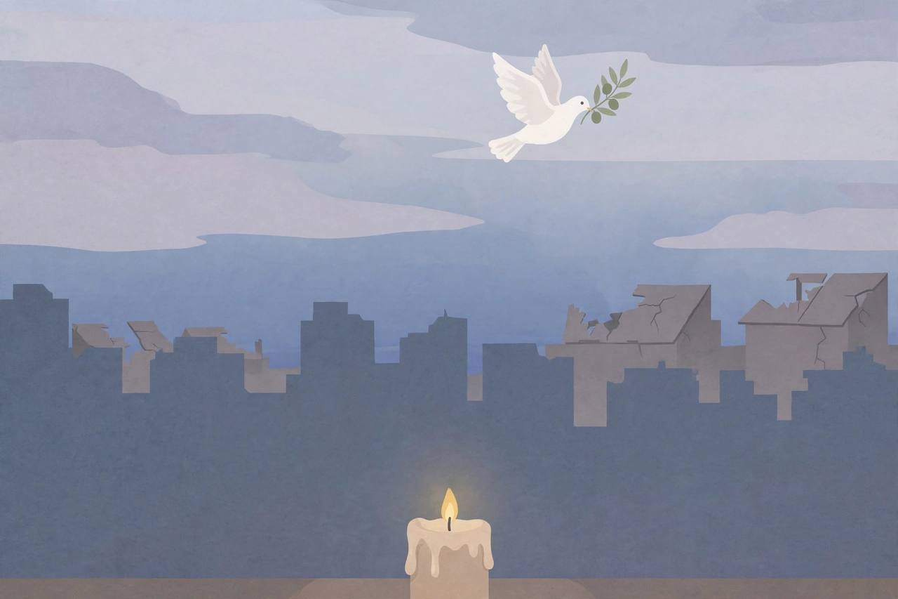 Editorial illustration of a Gaza skyline at dusk with a white dove and a lit candle, no incident and no real person depicted