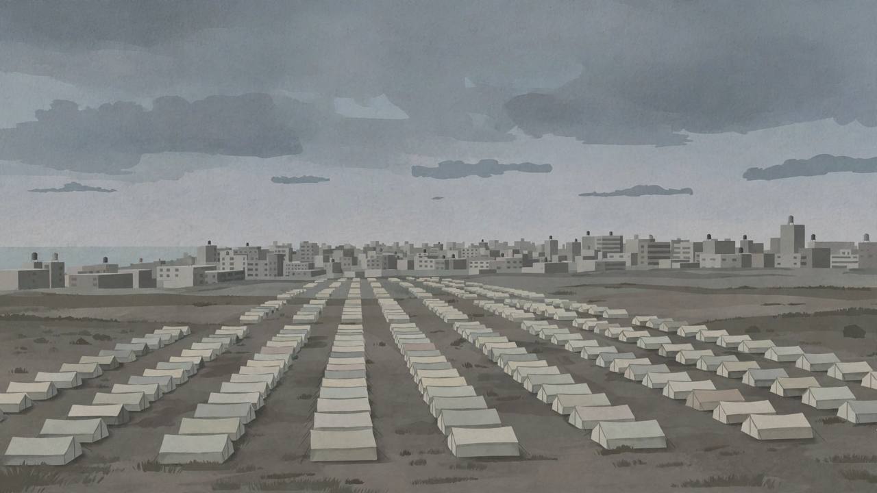 Editorial illustration of a distant generic Gaza cityscape and plain aid tents at dusk, no strike or victim depicted