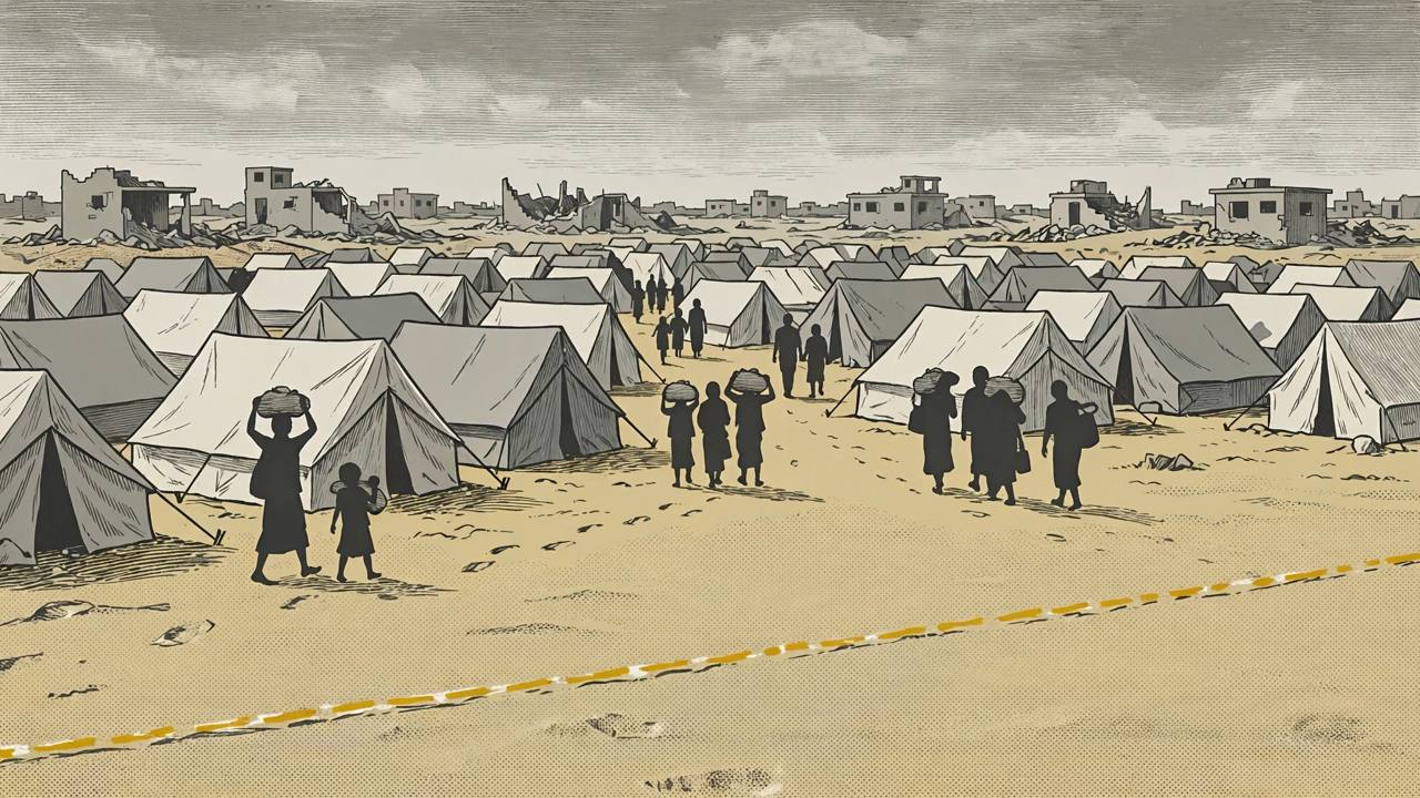 Editorial illustration of a tent camp for displaced families in Gaza with a dashed yellow line in the foreground