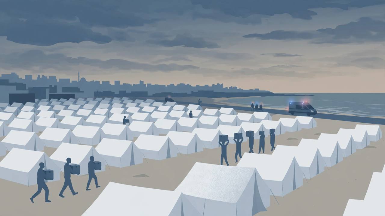 Editorial illustration of relief tents at dusk in a coastal city with a distant ambulance, generic figures only, no incident depicted