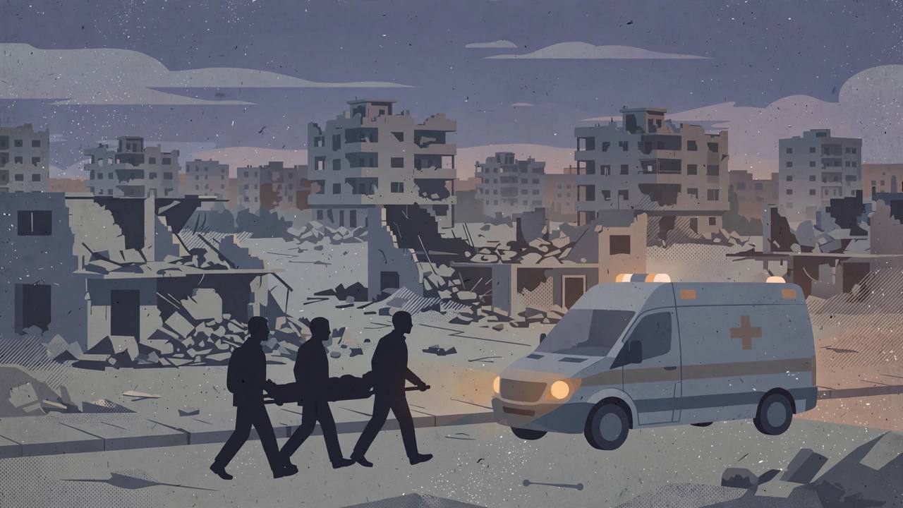Editorial illustration of a Gaza cityscape at dusk with damaged apartment blocks, an ambulance and rescue workers as generic silhouettes carrying a stretcher, flat editorial style, no text, no real person's likeness