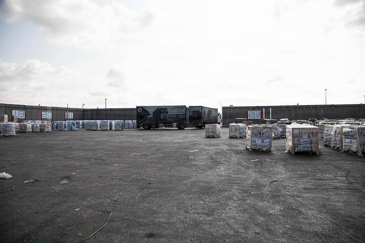 Humanitarian aid supplies at the Kerem Shalom crossing point, the crossing where the Economy Ministry employees killed at al-Mawasi monitored aid trucks entering Gaza