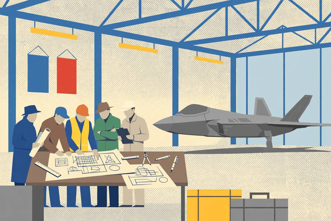 Editorial illustration of a futuristic sixth-generation stealth fighter jet in a hangar with generic engineers and executives around a table with blueprints
