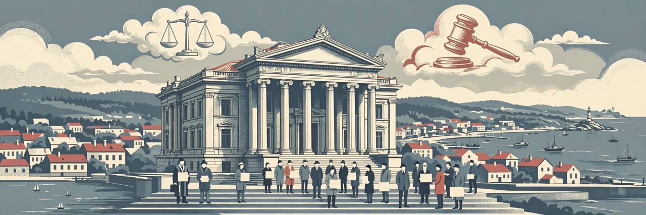Editorial illustration of a courthouse in a coastal city with generic figures standing on its steps