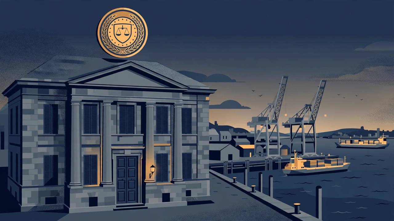 Editorial illustration of a grand old stone bank building beside a northern European harbour at dusk, its doors closed and shuttered beneath an official regulator's seal — no real person depicted
