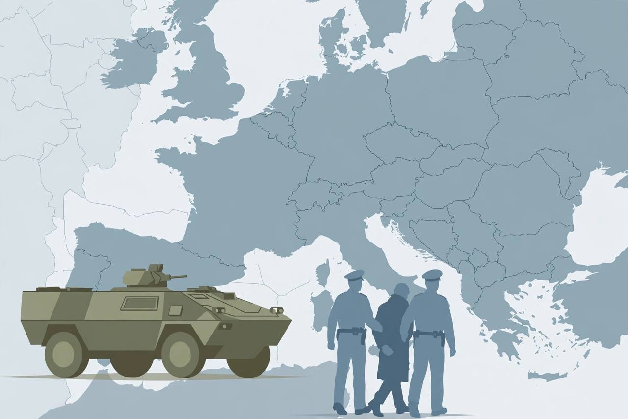 Editorial illustration of a generic armoured vehicle and a generic figure being led away by police in Germany, flat style, no real person depicted